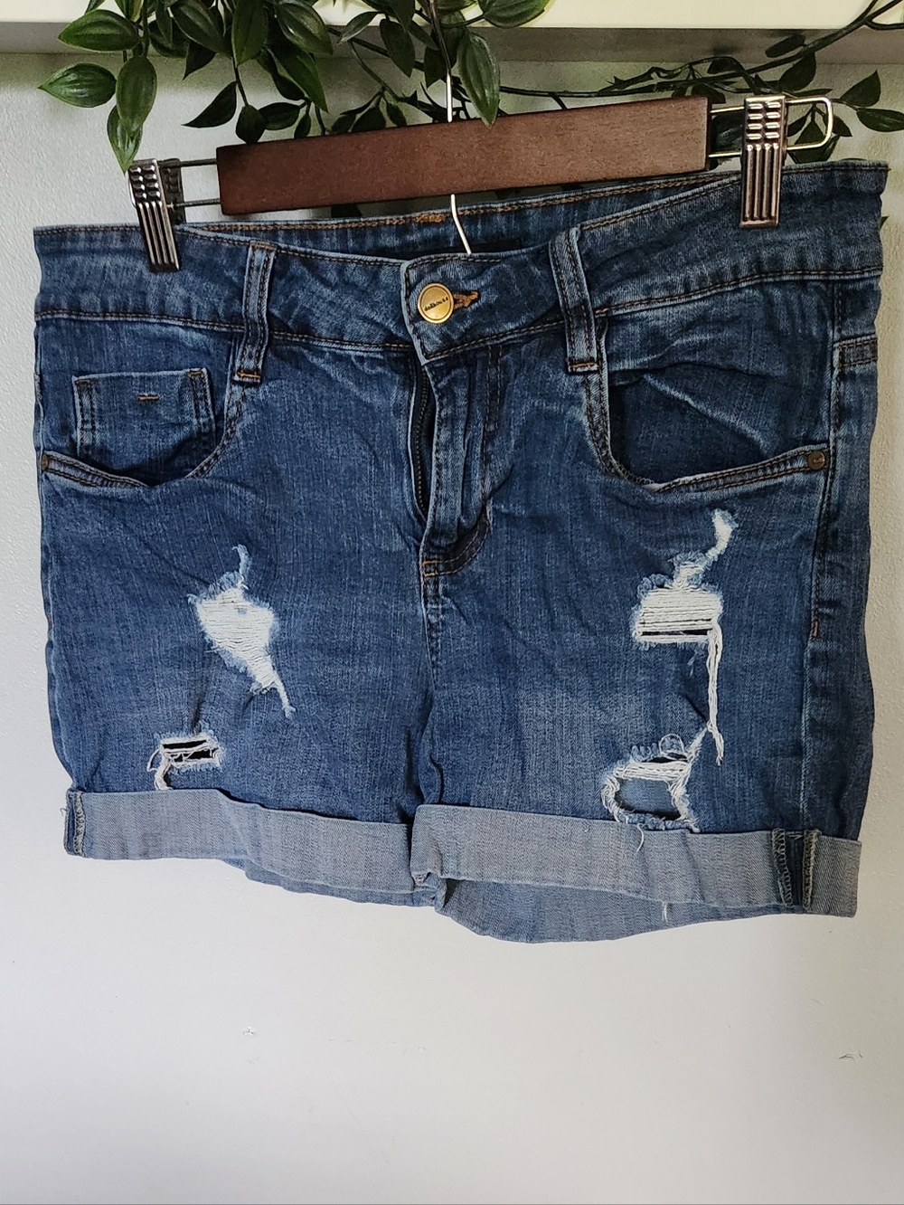 Dollhouse Distressed Blue Denim Roll-Cuff Shorts